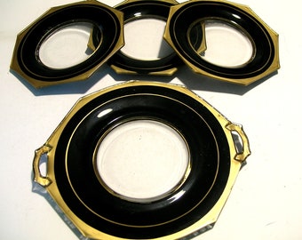 Vintage Black and Gold Glass Plates Hexagon