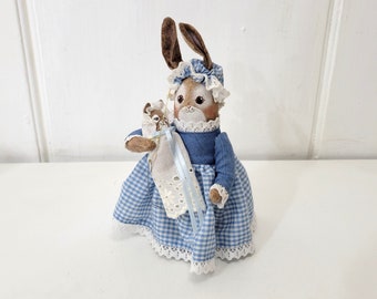 Folk Art Rabbit Mother and Baby Artist Doll Ornament