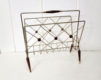 Mid Century Modern Wire and Teak Magazine Rack