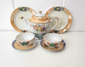 Lusterware Tea for Two Set Mixed Patterns