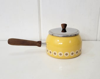 Mid Century Modern Yellow Enamel Pot Saucepan with Wood Handle
