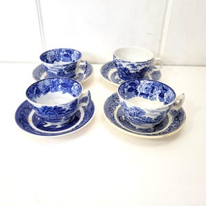 Blue and White English Teacups and Saucers, Four Mismatched Sets