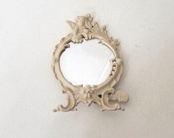 Romantic Ornate Small White Cast Metal Mirror with Cherub