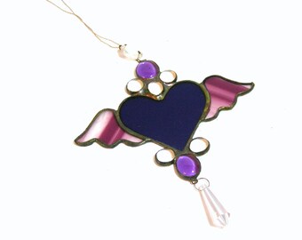 Stained Glass Heart With Wings Suncatcher, Purple Stained Glass Heart