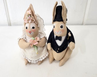 Folk Art Rabbits Bride and Groom Artist Dolls Ornaments