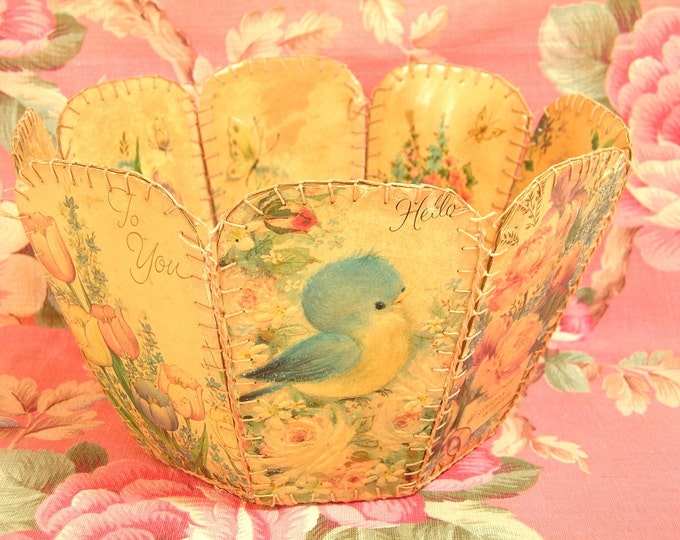 Vintage Paper Basket Made From Greeting Cards Etsy