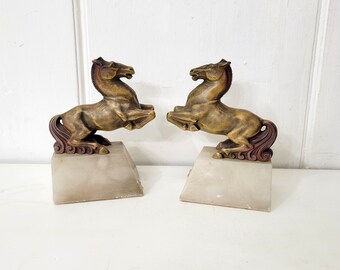 Rearing Horses on Marble Base Bookends Vintage Pair