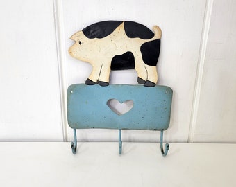 Rustic Recycled Metal Wall Hooks with Black and White Pig