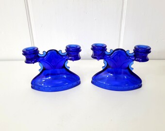 Cobalt Blue Glass Double Candleholders Pair
