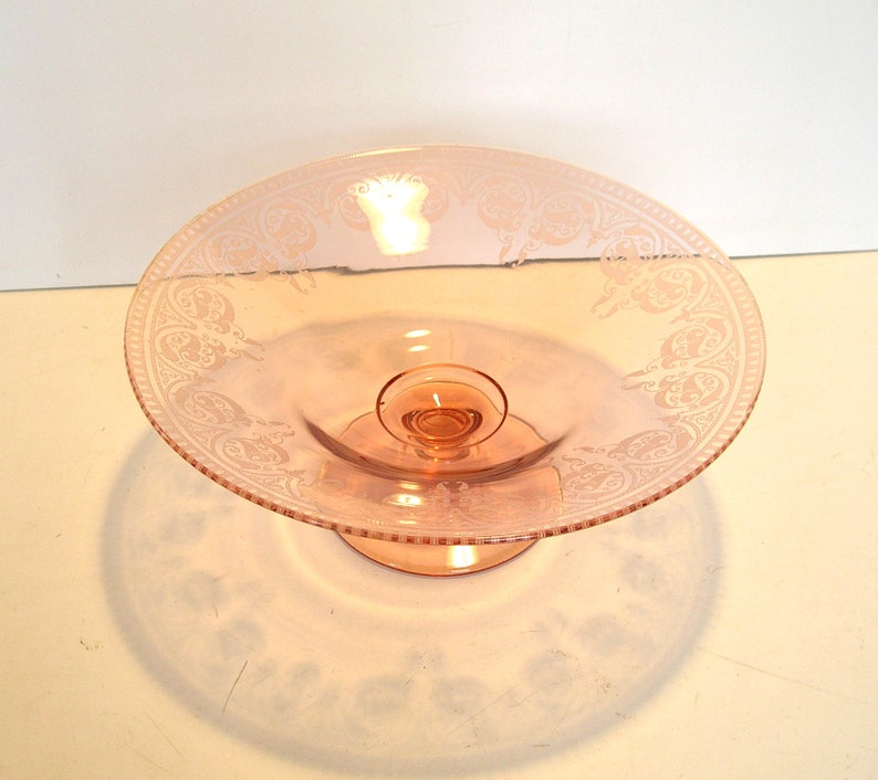 Etched Footed Pink Depression Glass Centerpiece Bowl Etsy