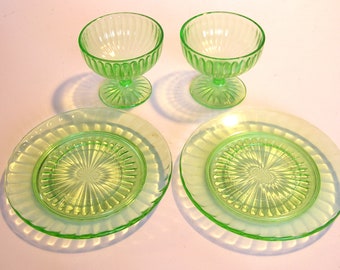 Green Depression Glass Dessert Compote And Plate, Two Sets