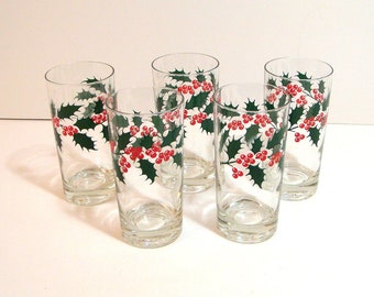 Christmas Holly Berry Drinking Glasses Set of Five