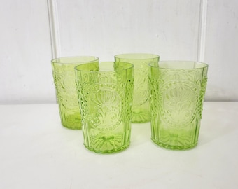 Set of Four Green Fleur de Lis Glass Tumblers. Made in Portugal