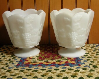 Footed Milk Glass Planters Grape Design Pair