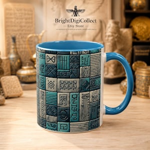 May include: A ceramic mug featuring a repeating pattern of blue and grey rectangular tiles with etched cuneiform-style symbols. The mug has a bright blue interior and a matching blue handle, with a white exterior base and a white handle attachment.