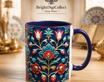Turkish Iznik Floral Mug, Ottoman Ceramic Coffee Cup, Red Blue Ornamental Tea Mug