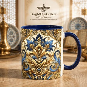 Turkisk Iznik-konstinspirerad mugg: Guldblå keramikkaffekopp