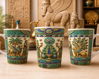 Tazza da latte con rilievo mesopotamico antico / Figure alate babilonesi