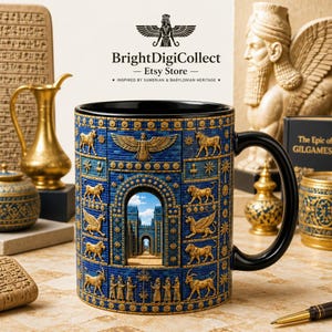 May include: A ceramic mug with a black handle and interior, featuring a blue and gold design inspired by the Ishtar Gate. The exterior displays relief-style golden figures of bulls, lions, and winged creatures, surrounding a central archway.