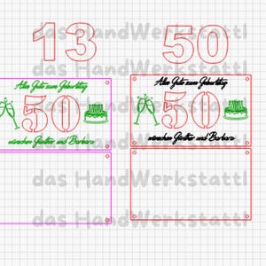 May include: A grid-patterned design with red numbers 13 and 50. Below, a rectangular design features the text "Alles Gute zum Geburtstag" and the number 50, along with champagne glasses and a cake. The text "w&uuml;nschen G&uuml;nther und Barbara" is also present.
