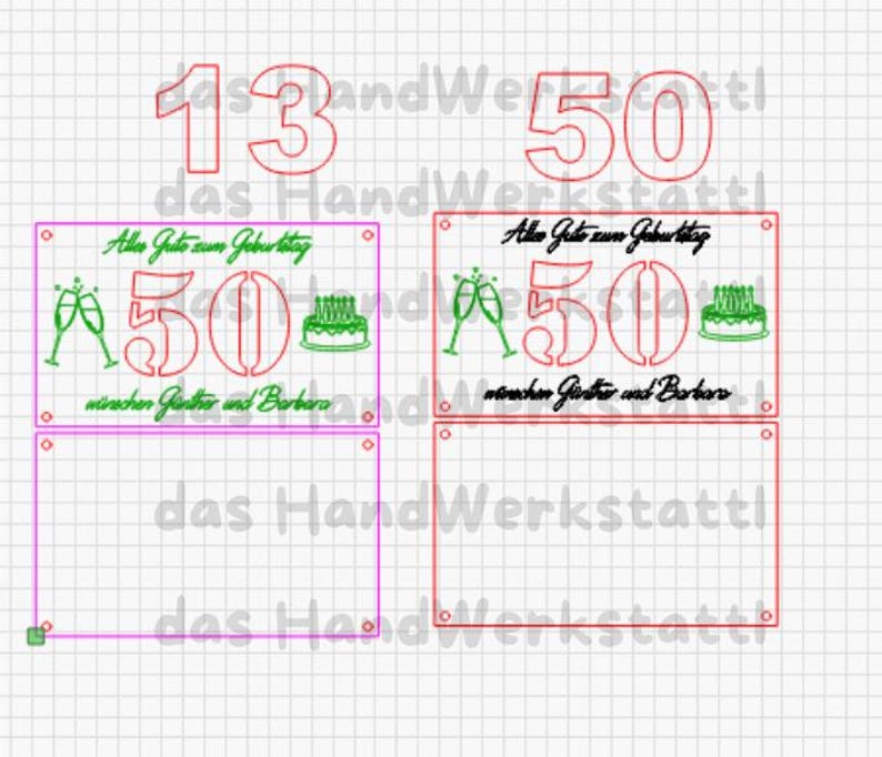 May include: A grid-patterned design with red numbers 13 and 50. Below, a rectangular design features the text "Alles Gute zum Geburtstag" and the number 50, along with champagne glasses and a cake. The text "w&uuml;nschen G&uuml;nther und Barbara" is also present.