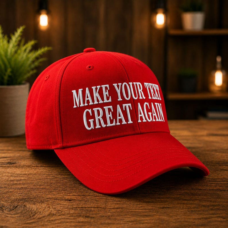 K&ouml;nnte beinhalten: Rote Baseballkappe mit dem wei&szlig;en, gestickten Schriftzug "MAKE YOUR TEXT GREAT AGAIN". Die Kappe hat einen gebogenen Schirm und besteht aus strapazierf&auml;higem Stoff. Sie liegt auf einer Holzoberfl&auml;che.