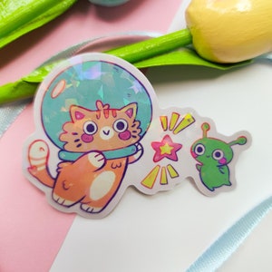 Grand Sticker Chat Astronaute - Autocollant Vinyle Waterproof Holographique animaux mignon