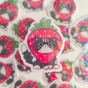 Adesivo Gatto Fragola - Adesivo in vinile olografico impermeabile con simpatici animali divertenti