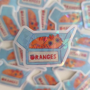 Sticker Chat Carton Oranges - Autocollant Vinyle Waterproof Holographique animaux mignon drôle