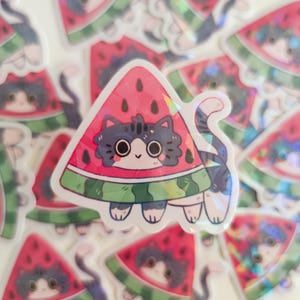 Sticker Chat Pastèque - Autocollant Vinyle Waterproof Holographique animaux mignon drôle
