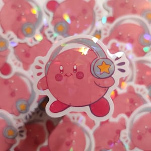 Sticker Kirby Casque Musique - Autocollant Vinyle Waterproof Holographique mignon drôle