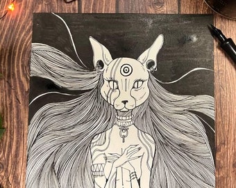May include: Black and white ink drawing of a woman with long hair and a cat-like face. The drawing is on a dark background and has a detailed, intricate style.