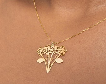 Halsband med födelseblommabukett, Halsband med flerbarnsblommor, Födelseblommahalsband, Kombinerat födelseblommahalsband, Familjebukett