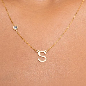 14K Solid Gold Initial Necklace with Birthstone, Initial and Birthstone Necklace,Birthstone Letter Necklace,Birthday Gift,Mother&#39;s Day Gifts