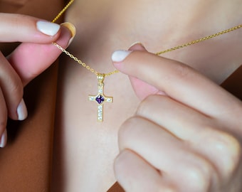 Birthstone Cross Necklace, Customized Birthstone Necklace, Baptism Cross Pendant, Personalized Gift for Easter, Birthstone Christ Pendant