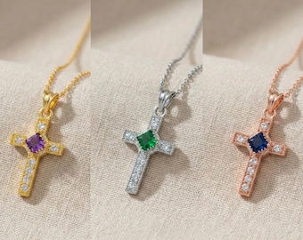 Birthstone Cross Necklace, Customized Birthstone Necklace, Baptism Cross Pendant, Personalized Gift for Easter, Birthstone Christ Pendant