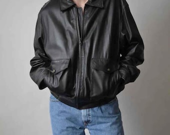 90年代風ブラックレザーボンバージャケット：ヴィンテージラムスキン