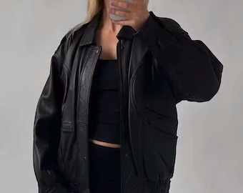 90s Oversized Black Leather Bomber Jacket: Vintage Streetwear