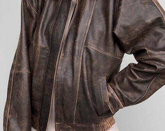 Handmade Distressed Leather Bomber Jacket: Women's Vintage Patina