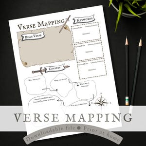 May include: Printable worksheet for mapping out a Bible verse. The worksheet includes sections for the Bible verse, keywords, context, who wrote it, who it was for, when it was written, why it was written, and significant historical events. The worksheet also includes a compass.