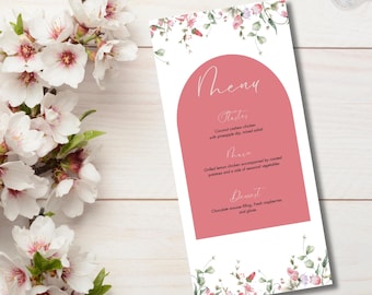 Editable Pink and Green Floral Menu for Weddings, Baby Showers, Dinner Parties, and Brunches