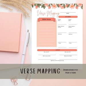 May include: Printable worksheet with a peach background and floral border. The worksheet is titled "Verse Mapping" and includes sections for Bible verse, key words, and context.