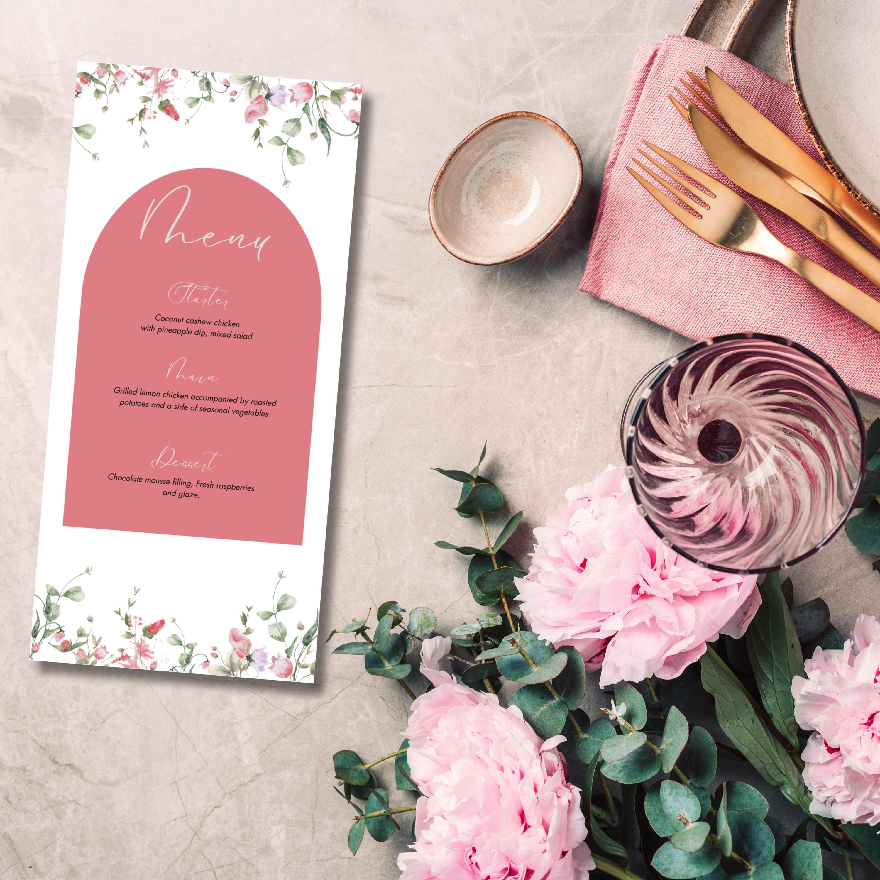 Pink Flowerbackdrop Menu Editable Pink and Green Floral Menu for Weddings, Baby Showers, Dinner ...