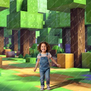 May include: A young child wearing denim overalls and a striped shirt smiles in a pixelated forest scene. The background features large, blocky trees and geometric shapes in shades of green, brown, and yellow, creating a playful, digital environment.