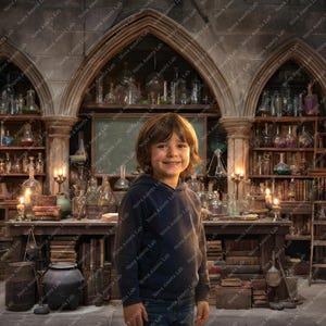 May include: A young person in a dark blue hoodie smiles in a dimly lit room. The room is filled with shelves of glass bottles and jars, reminiscent of a potions laboratory. Candles and books add to the magical atmosphere.
