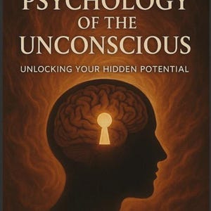 May include: Book cover with the title "THE PSYCHOLOGY OF THE UNCONSCIOUS" and the tagline "UNLOCKING YOUR HIDDEN POTENTIAL." The image features a silhouette of a head with a brain illuminated by a keyhole, set against a warm, brown background.
