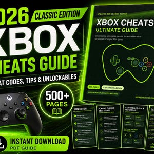 May include: A digital guide titled 2026 Classic Edition Xbox Cheats Ultimate Guide featuring a black and green color scheme. The cover displays a controller outline, 500+ pages text, and includes supplemental pages for game notes and controller references.