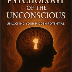 Puede incluir: Portada del libro con el título "THE PSYCHOLOGY OF THE UNCONSCIOUS" y el lema "UNLOCKING YOUR HIDDEN POTENTIAL". La imagen presenta una silueta de cabeza con un cerebro iluminado por una cerradura. El fondo tiene un cálido resplandor anaranjado.