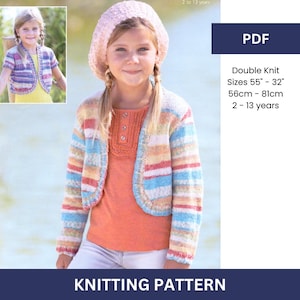 May include: Knitting pattern PDF for a striped double knit cardigan for children. The pattern includes sizes 55" to 32" (56cm to 81cm) and is suitable for ages 2 to 13 years.