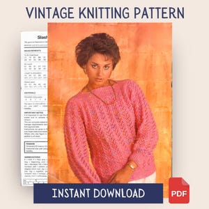 May include: A vintage knitting pattern featuring a woman wearing a pink sweater with a textured design. The pattern includes measurements and instructions. The words "VINTAGE KNITTING PATTERN" and "INSTANT DOWNLOAD" are visible.